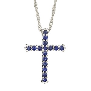Ladies Sterling Silver Genuine Blue Sapphire Cross Pendant