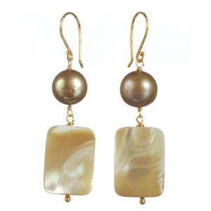 Lita Gold Plated Sterling Silver Champagne Pearl With Rectangular Shell Drop Earrings
