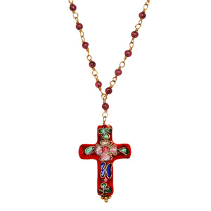 Lita Garnet Linked Chain Necklace with Cloisonne Cross Pendant,17&quot;