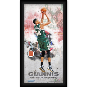 Giannis Antetokounmpo Milwaukee Bucks Player Profile Framed 10x20 Photo Collage w/Game Used Basketball Piece