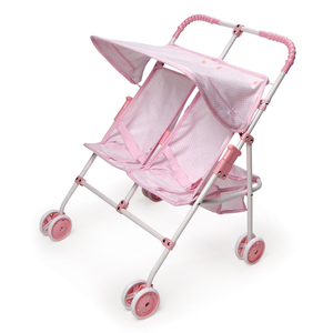 Badger Basket Folding Double Doll Umbrella Stroller - Pink/Gingham