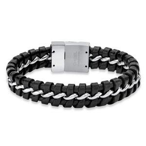 PalmBeach Jewelry Men's Woven Black Leather Braided Bracelet with Magnetic Closure in Stainless Steel 9&quot;