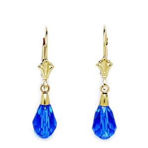 14k Yellow Gold Capri-color Blue 9x6mm Swarovski Element Pear Drop Leverback Earrings - Measures 29x6mm