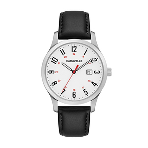 Mens Numeral Silver-Tone Case Black Leather Strap Watch White Dial