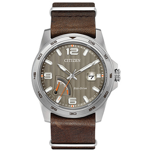 Mens PRT Eco-Drive Brown Strap Watch Taupe Dial