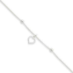 Sterling Silver 3mm Box Chain With Heart Anklet - 9 Inch - Lobster Claw