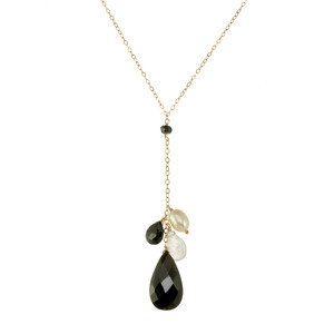 Black Onyx, Moonstone & Freshwater Pearl Drops &quot;Y&quot; Chain Gold Over Sterling  Silver Necklace