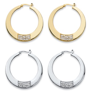 PalmBeach Jewelry Round Crystal Square Cluster 2-Pair Hoop Earrings Set in Gold Tone and Silvertone 1.75&quot;