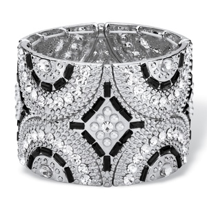 PalmBeach Jewelry Black and Grey Simulated Crystal and Pearl Geometric Art Deco-Style Beaded Stretch Bangle Bracelet in Silvertone 7.75&quot;