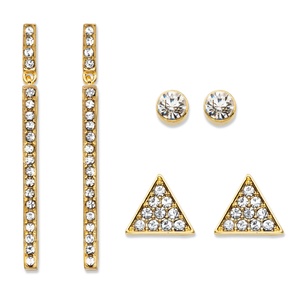 PalmBeach Jewelry Triangle, Linear and Round White Crystal 3-Pair Gold Tone Cluster Stud and Drop Earrings Set 1.75&quot;