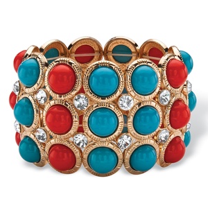 PalmBeach Jewelry Red and Blue Bead and Crystal Stretch Bracelet in Gold Tone 8&quot;