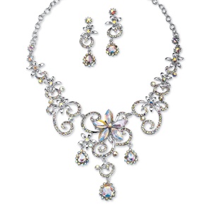 PalmBeach Jewelry Swirl and Flower Aurora Borealis Crystal Necklace and Drop Earrings Set Platinum-Plated 18"-20.5"