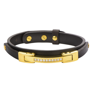 Inox Jewelry Women's Brown Leather & Steel White Cubic Zirconia CNC Setting Bracelet